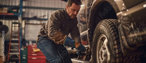A mechanic kneels while changing a tire on a truck in a garage.