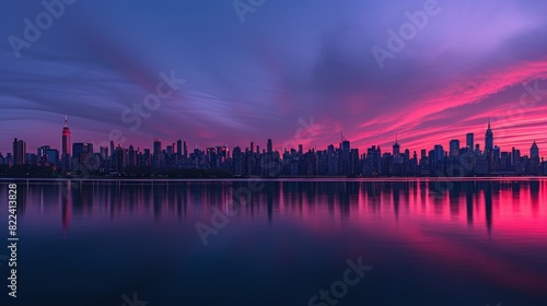New York City at dawn, with the skyline silhouetted against a soft