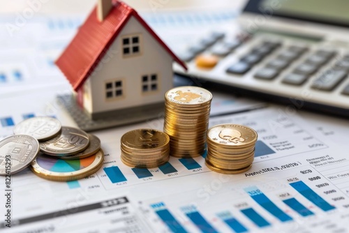 Coins and a house model on a table with a calculator, real estate concept 