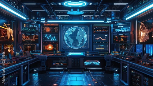 a futuristic control room with multiple screens displaying data and graphs, dark blue lighting, photorealistic