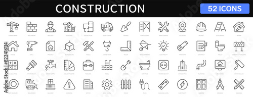Construction thin line icons set. Builder, construction, tools, house repair, build, crane icon. Vector