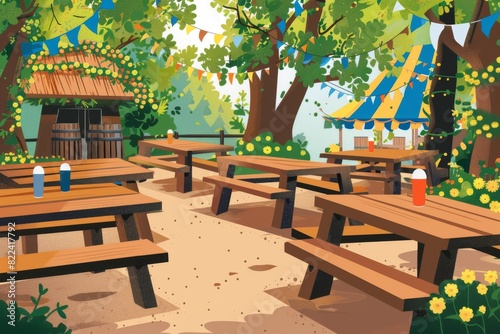 A cozy outdoor beer garden with Bavarian decor, perfect for celebrating Oktoberfest in Canada.