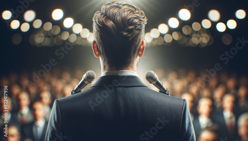 Man Speaking Into Microphone in Front of Crowded Audience