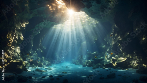 underwater cave with rays of light