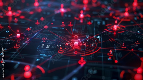 Cybersecurity Breach Network: Detailed Digital Illustration of Interconnected Nodes with Attack Indicators on Dark Background