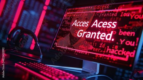 Cybersecurity Breach Alert: Hacker Message "Access Granted. You have been hacked" on Desktop Monitor with Binary Code Background and Masked Face Emblem