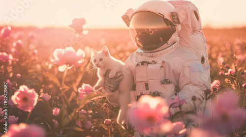A photo of a cosmonaut in a light pink astronaut spacesuit, gently holding a white cute cat. The golden hour light adds a dreamy quality, with a vibrant field of peonies stretching out behind