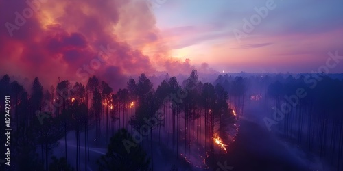 Devastating forest fire engulfs pine tree acres in dry season. Concept Forest Fires, Environmental Destruction, Wildfires, Climate Crisis