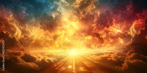 Image of road leading to Kingdom of Heaven symbolizing salvation and paradise. Concept Religious Symbolism, Road to Salvation, Kingdom of Heaven, Paradise, Inspirational Landscape