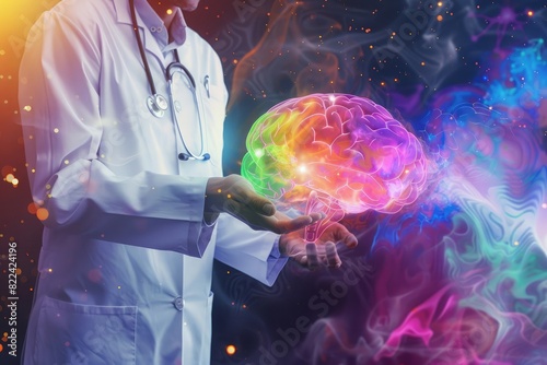 A masculine doctor in a white coat with a stethoscope holding a hand on a healthy human liver, a hologram of a colorful human sinus and an abstract background