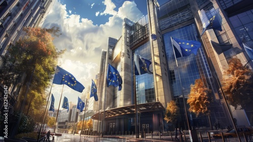 Brus building Parliament European front waving flags EU europa flag union commission brussels government summit belgium community business architecture euro background office law economy