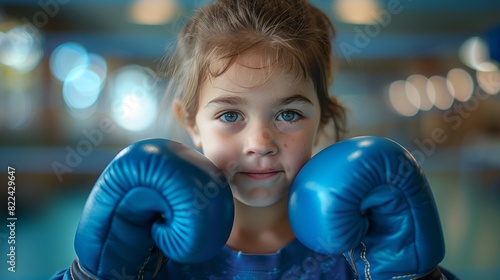 A young girl standing with blue boxing gloves on