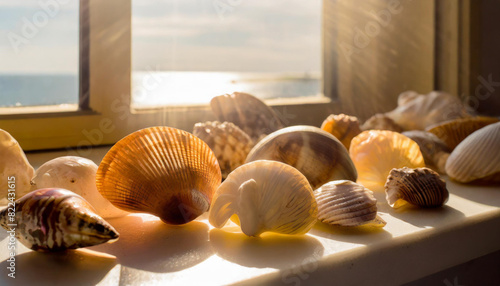 A collection of polished seashells on a windowsill, each a souvenir of the sea, the morning light casting them as jewels of the ocean. AI generated