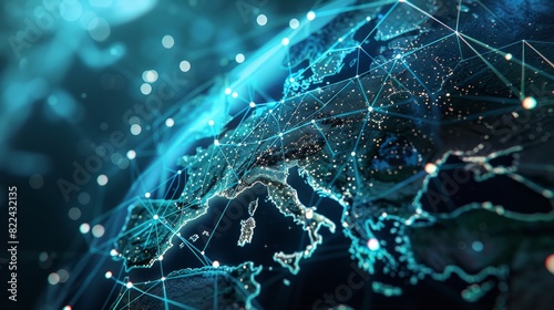 Europe is connected through communication technology to the global internet network. European connection lines for data transfer and communication. IoT, business, money, and security - Generative AI