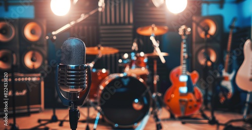 Stylish Music Recording Studio Setup Featuring Electric Guitars, Drum Kit, and Retro Microphone under Bright Spotlights
