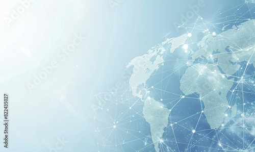 A light blue background with a digital world map and global network connections, representing the concept of international business or connectivity Generative AI