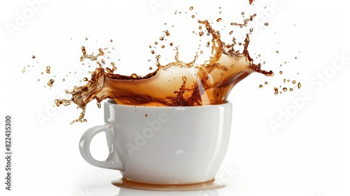 A white cup of tea with a splash, isolated on a white background, in an ultra realistic photographic style.