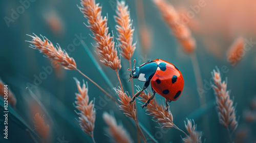 A ladybug on a stalk of wheat in a field of wheat.
