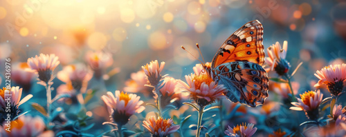 Butterfly flies over wildflowers, warm sunlight, soft bokeh, text space, showcasing natural landscape beauty.