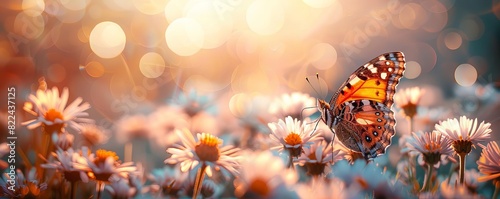 Butterfly alights on flower in sunlit meadow, vibrant colors, soft bokeh, room for text, showcasing nature's harmony
