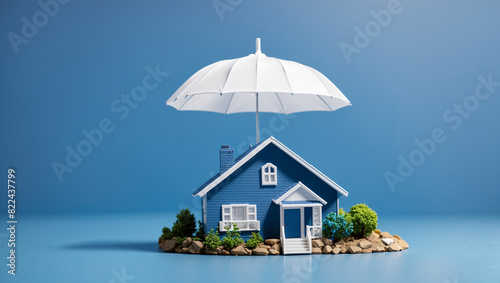 This is a blue house with a yellow car in front of it. There is a white umbrella above the house.