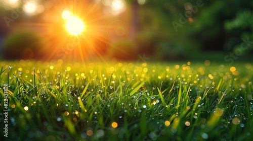 Dew-covered grass sparkling in the morning sun, with a soft-focus background, space for text, capturing the freshness of a new day