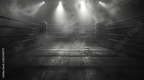 A black and white photo of a boxing ring with ropes and corner posts
