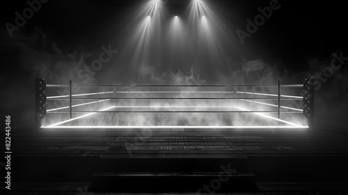 Black and white image of a boxing ring with ropes and corner posts