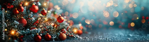 An elegant aerial view of a Christmas tree richly adorned with red and green baubles, the blurred lights creating a halo effect, ample space for text.