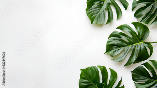 Monstera leaves on a white background. Flatly, copy space ,Top view of tropical palm leaves branch isolated on white background with copy space