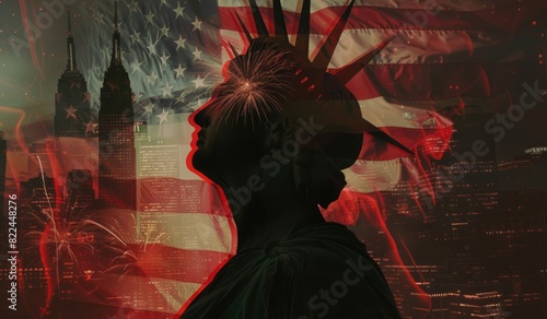 Double exposure of the American flag and the Statue of Liberty with vibrant fireworks in the background, symbolizing patriotism and celebration on the 4th of July.