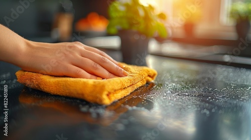 Hand cleaning kitchen countertop with a yellow cloth, illustrating cleanliness and domestic chores.