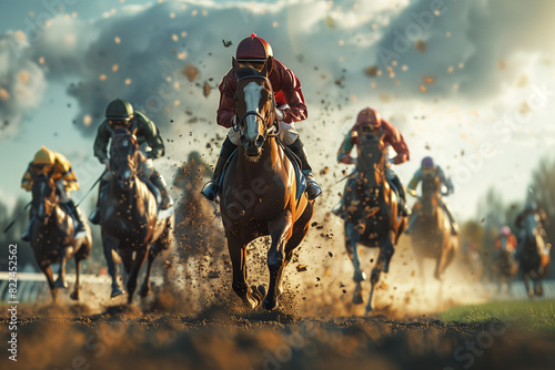 Horse racing in motion, graphic design, illustration 3d render