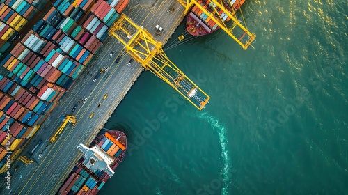 aerial view of Logistics and transportation of Container Cargo ship with working crane bridge in shipyard , logistic import export and transport industry background