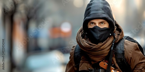 A thief in black mask escapes city crime scene with stolen goods. Concept Crime, Theft, Escape, City, Stolen Goods
