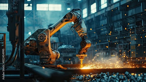 As the robotic arm moves gracefully, sparks fly, symbolizing the intricate dance of modern machinery in steel manufacturing.