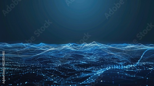 Abstract blue background with low poly lines and dots, hitech concept for digital design. Abstract dark futuristic landscape with glowing connection line waves on the deep ocean water surface
