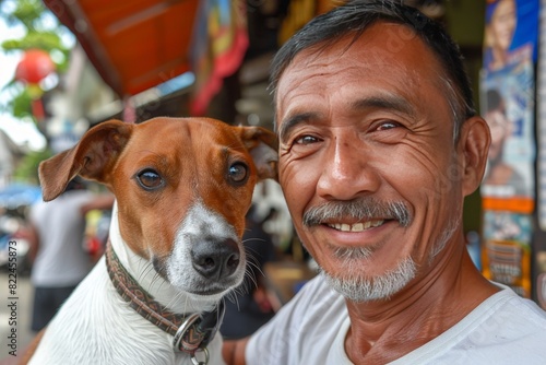Portrait of an Asian smiling old man taking a selfie with his jack Russell dog