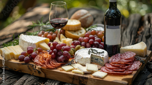 al fresco dining, chic outdoor picnic setup featuring a lavish charcuterie board with artisanal cheeses, fresh fruits, and a wine bottle, perfect for al fresco dining