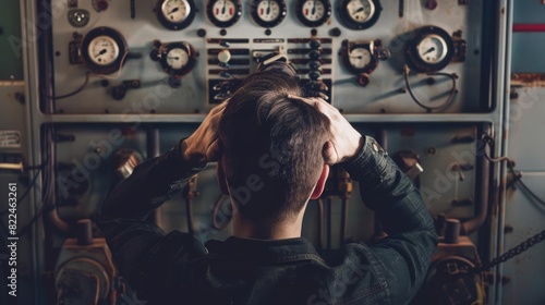 Man holding head, retro engineering environment, gauges and switches, desaturated, detailed