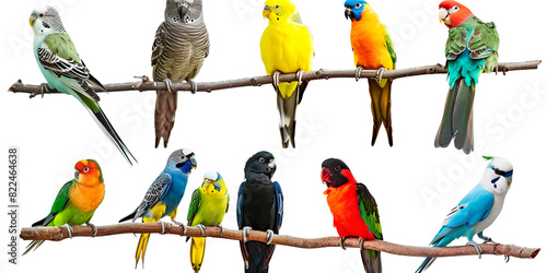 Beautiful multi colored parrots in nature A vibrant flock of tropical birds perched on branches.
