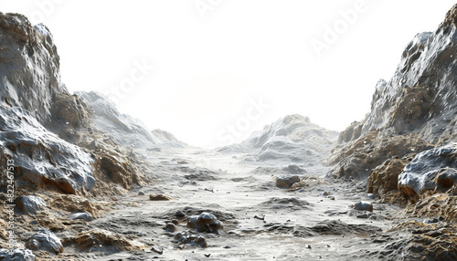 Desolate rocky landscape with rugged terrain and clear sky, showcasing natural geological formations and erosion patterns in a stark white background.