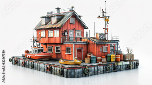 A detailed model of a rustic wooden boathouse with boats docked, colorful barrels, and maritime equipment, isolated on a white background.