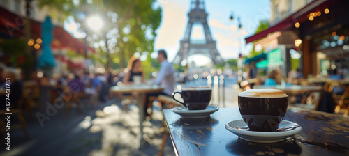 a detailed image of a barista serving coffee to a customer at an outdoor cafe, with the Eiffel Tower softly blurred in the distance, highlighting the charm of Paris, outside, custo
