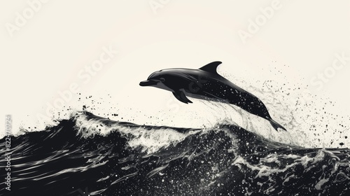 A black and white image capturing a dolphin jumping out of the water