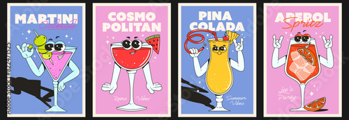 Retro groovy set of posters with cocktail characters. Pina colada, cosmopolitan, martini, aperol spritz. Vintage vibes from the 70's 80's.