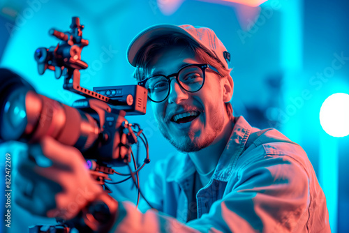 Content creator blogger man recording a video with glasses and a video camera in front of a blue background.