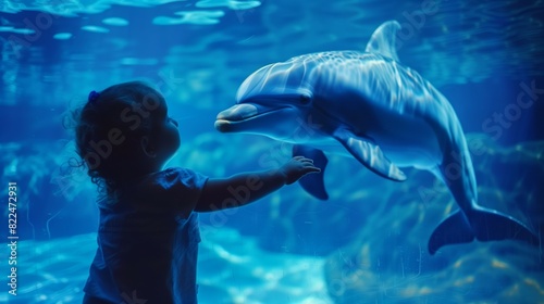 A little girl eagerly gazes at a dolphin swimming in an aquarium