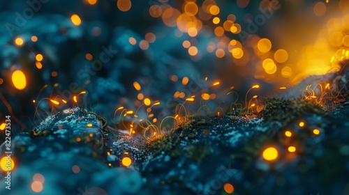 An eerie glow emanating from the ground revealing a hidden colony of fireflylike creatures.