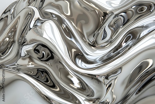 High-angle view, synthetic substance resembling futuristic liquid metal, photorealistic, gleaming silver with soft reflections, intricate swirling patterns, dynamic fluidity captured mid-movement